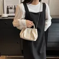 Schicke beige Falten-Cloud-Tasche mit Webgriff und Metallkette, in der Hand präsentiert - Beige
