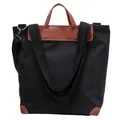 Bolso tote grande de lona negra con adornos de cuero marrón y costuras blancas - Negro
