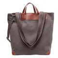 Bolso tote de lona gris oscuro con ribete de cuero marrón y correa ajustable - Gris