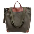 Bolso tote de lona verde oliva con asas de cuero marrón y correa para el hombro - Verde Militar