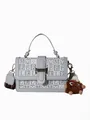Gestructureerde lichtgrijze crossbodytas met monogrampatroon en brede geweven schouderband - Grijs Wit Letterprint (Stijl 2)