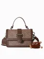 Klassieke bruine monogram schoudertas met brede riem en een pluchen hanger - Bruin Monogram (Stijl 3)