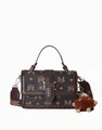Classic brown flap square bag with vintage monogram print and brown plush charm accessory - Style 5