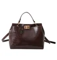 Sac à main marron foncé grande capacité avec texture crocodile et fermoir doré - Café Motif Pierre
