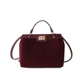 Grand sac cabas bordeaux style Kelly en daim et cuir avec fermoir doré métallique - Suède Rouge Vin