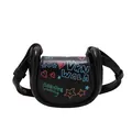 Mini sac selle en cuir noir avec imprimés graffiti colorés et bandoulière réglable - Noir Lettre