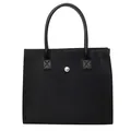 Minimalist black leather tote bag with silver round metal buckle and reinforced stitching - Black