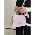 Elegant light pink pleated crossbody bag with pearl handle and golden chain strap - Purple