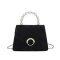 Elegant black crossbody bag with pearl handle and golden chain for women - Black