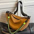 Brown nylon crescent crossbody bag with black adjustable strap and neon decorative cord - Khaki