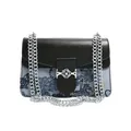 Blue floral jacquard crossbody bag with black leather flap and silver chain strap - Black