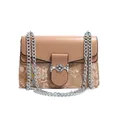 Retro khaki crossbody bag with vintage embroidery pattern and silver chain straps - Khaki