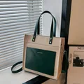 Bolso tote de lona beige con ribete de cuero verde oscuro y correa ajustable - 31*13*31cm / Verde