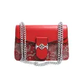 Red crossbody chain bag featuring vintage floral embroidery and silver hardware - Red