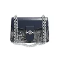 Minimalist navy blue shoulder bag with classic embroidery and silver chain strap - Blue