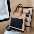 Contrast color canvas tote bag in beige and blue with leather MYCARE logo pocket - 31*13*31cm / Black