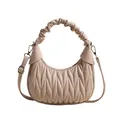 Beige pleated hobo bag with cloud-like handle and textured quilted crescent shape - Gray