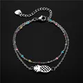 Bracelet double rang en acier inoxydable avec pendentif ananas ajouré et perles colorées - Style Émail