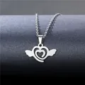 Polished stainless steel necklace featuring a hollow heart pendant with angel wings detail - Angel Wings Heart Style (XL173)