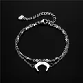 Bracciale a doppio strato in acciaio inossidabile con pendente a mezzaluna lucida - Catena a sfere in metallo argentato (Sfera + SL76)