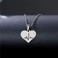 Minimalist silver stainless steel heart necklace with ECG heartbeat cutout on a black stand - ECG Heart Style (XL167)