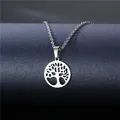 Polished stainless steel Tree of Life pendant necklace with intricate cutout design - Tree Of Life Round Style (XL23)