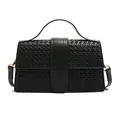 Elegant black woven leather handbag with gold metal hardware and top handle strap - Black