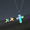 Regenbogen Edelstahl Herz Kreuz Halskette und Ohrringe Schmuckset für Damen - Irisierend (TZ-292)
