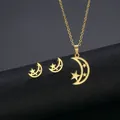 Golden stainless steel hollow moon and star necklace with matching earrings set - Gold
