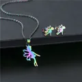 Rainbow hollow angel pendant necklace and stud earrings set in colorful stainless steel - Colorful