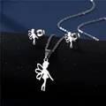Polished stainless steel fairy and angel wing pendant necklace and stud earrings set - Silver
