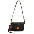 Retro black shoulder bag with crocodile texture and cute bear plush charm on white background - Black With Pendant