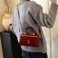 Vintage wine red leather handbag for women featuring a minimalist square design with gold buckle - Red