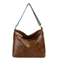 Dunkelbraune Oversize-Shopper-Tasche mit Vintage-Textur und buntem Ethno-Gurt - Kaffeebraun