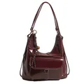 Vintage burgundy glossy patent leather shoulder bag with gold bell accessory and front pocket - Burgundy