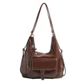 Dark brown high-gloss hobo bag with front buckle pocket and vintage bell charm - Brown