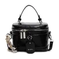 Sac seau minimaliste en cuir noir brillant avec poignée et bandoulière amovible - Avec Ornement / Noir