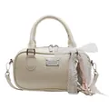 Cream vintage bowling handbag with adjustable strap and lace bow charm detail - Off-White With Charm