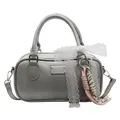 Grey PU leather bowling bag with lace bow, metal tag, and detachable crossbody strap - Grey Blue With Charm
