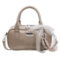 Beige Boston handbag in matte PU leather with double zipper and lace ribbon detail - Khaki With Charm