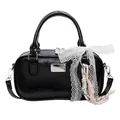Glossy black vintage bowling bag with lace bow charm and silver logo plaque - Black With Charm