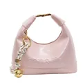 Chic light pink crescent handbag with smooth faux leather and gold metal ball charm - Pink