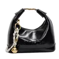 Fashionable black patent leather hobo bag with embossed lettering and golden bell charm - Black