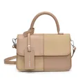 Bolso chic de mujer en cuero PU caqui y paja contrastada con asa superior de mano - Caqui