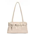 Chic beige underarm bag with belt buckle details and heart charms in a vegan leather finish - With Pendant / White