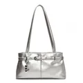 Silver metallic baguette underarm bag with belt buckle details and heart charms - With Pendant / Silver