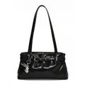 Chic black glossy Y2K underarm bag with silver belt buckles and heart charms - With Pendant / Black
