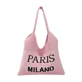 Roze gebreide draagtas met Paris en Milano tekst en een verticale ribgebreide textuur - Roze