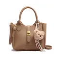 Sac seau kaki en cuir grainé avec bandoulière réglable et breloque ours en peluche - Kaki Avec Charme