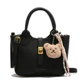 Sac seau noir motif litchi avec poignée, fermoir doré et charm d'ours mignon - Noir Avec Pendentif